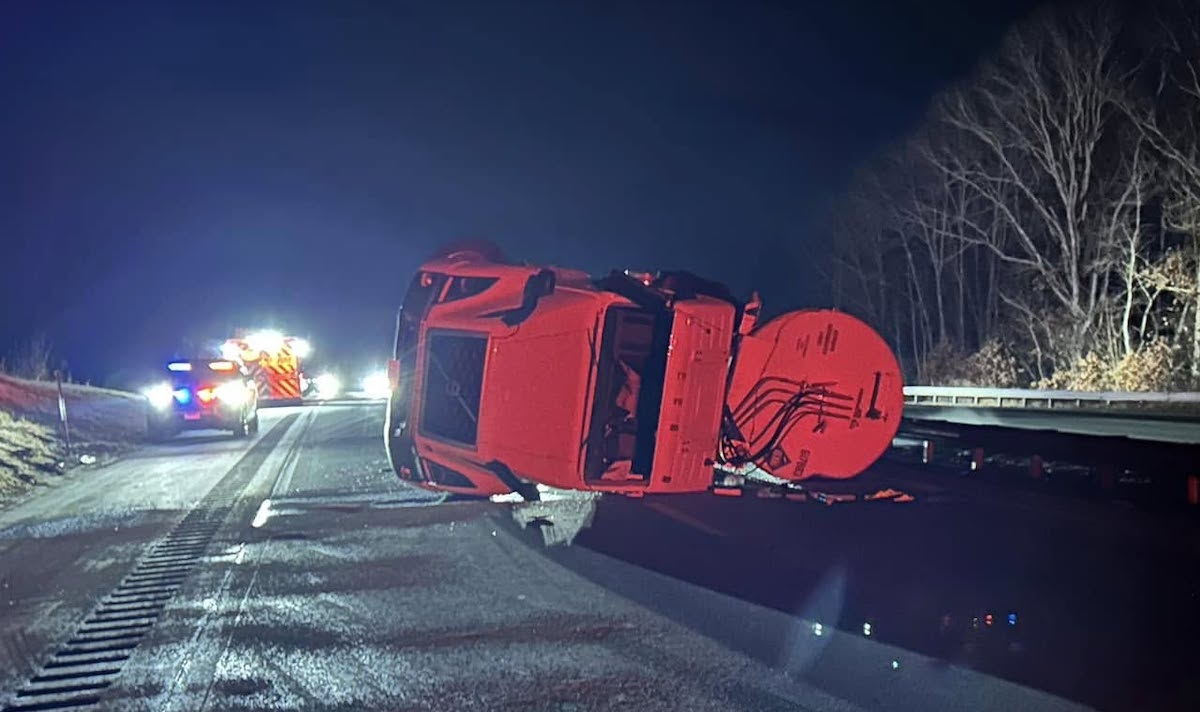 Tanker truck flips swerving to avoid disabled car without lights on