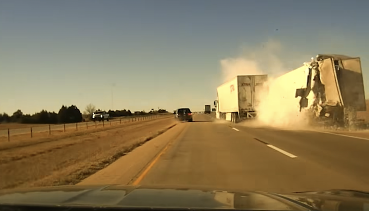 Oklahoma troopers share ‘graphic’ video of semi sideswiping disabled big rig while driver grabs water bottle