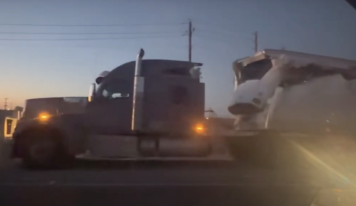 Oilfield rig slices through tractor trailer in this VERY West Texas post-accident footage