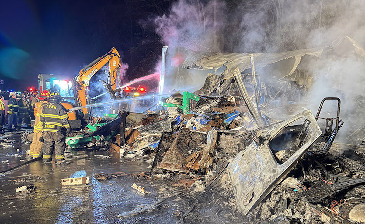 Load of spilled plastic pipes causes 6 vehicle pile up and a brush fire