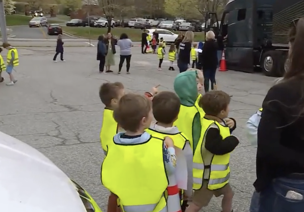 Volvo teaches Kindergarteners semi truck safety with the “stop, look, and wave” method