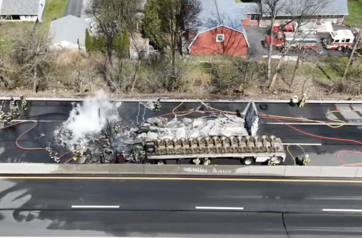 Tractor trailer hauling train wheels burned to the ground in Penn. Turnpike crash that went “boom”