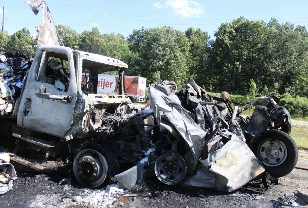 Three vehicle pile-up in construction zone merge leaves two dead