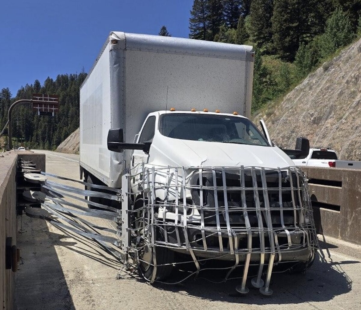 Runaway box truck saved by Teton Pass catchnet truck arrestor