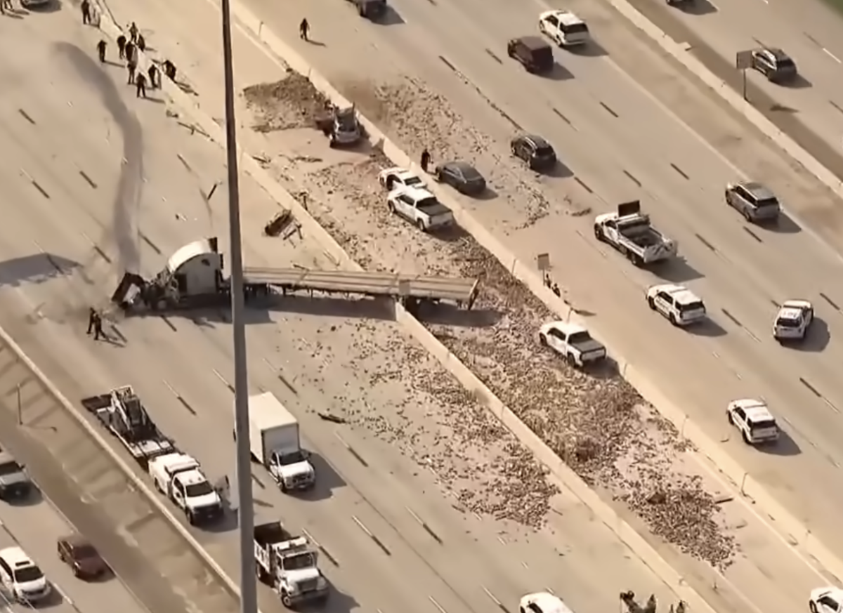 Bricks rain down on car in HOV lane when semi truck loses control after wreck with four wheeler