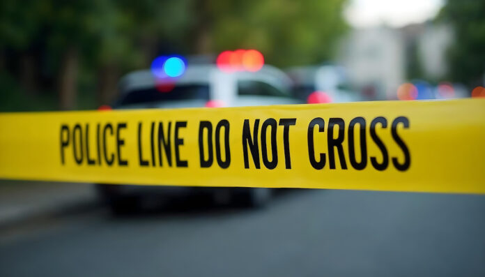 Bright yellow police line tape in focus, with blurred patrol car in background.