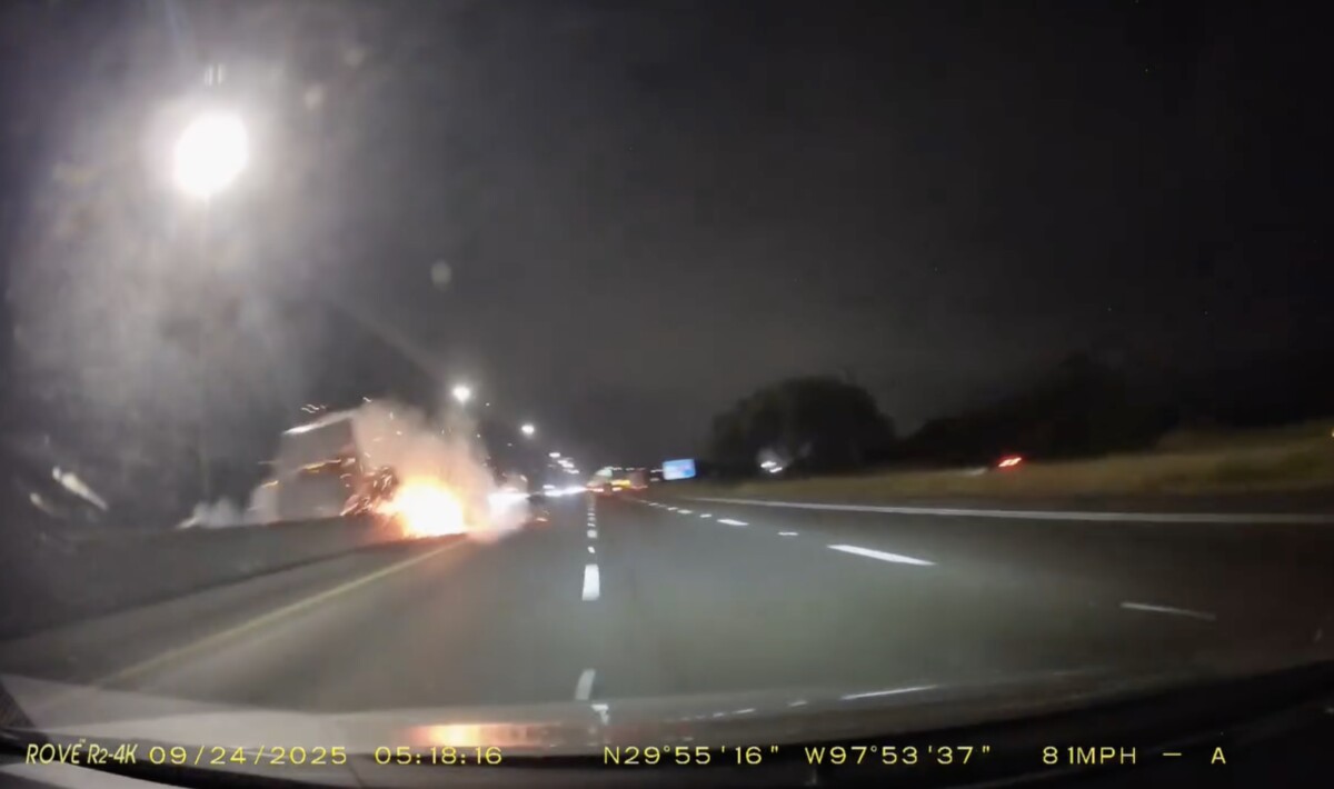 Dash cam catches semi truck sending up sparks as it grinds against median during crash in Texas