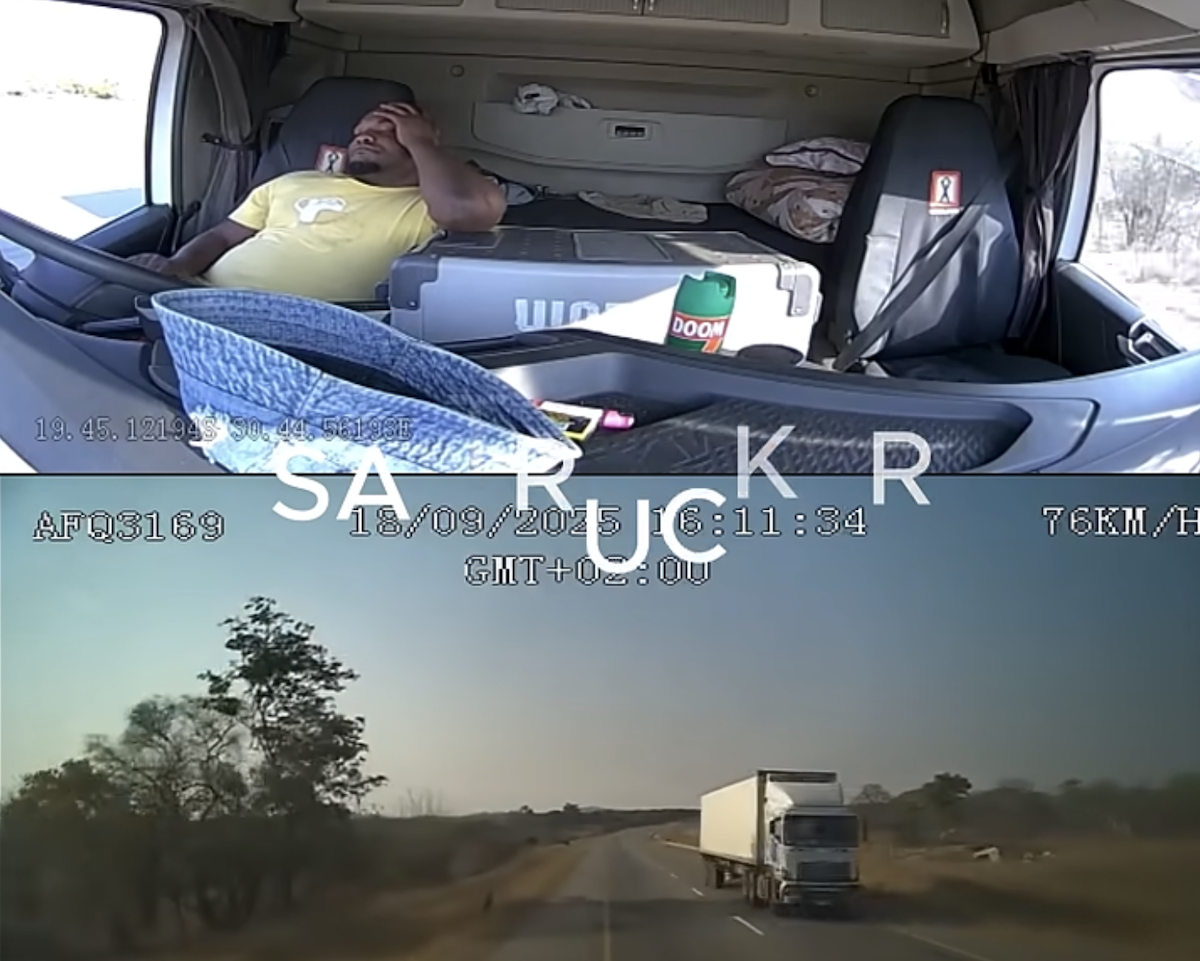 VIDEO: Truck driver asleep at the wheel somehow avoids two CMVs & a biker before violently overturning