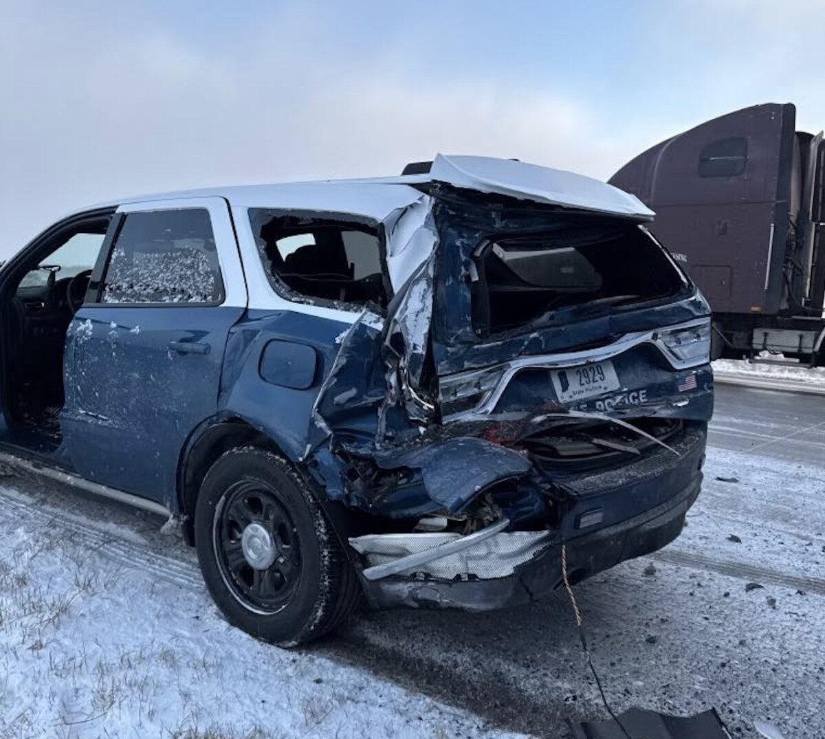 ‘Stop crashing into our troopers’: Indiana State Police cruiser struck by semi truck on I-69
