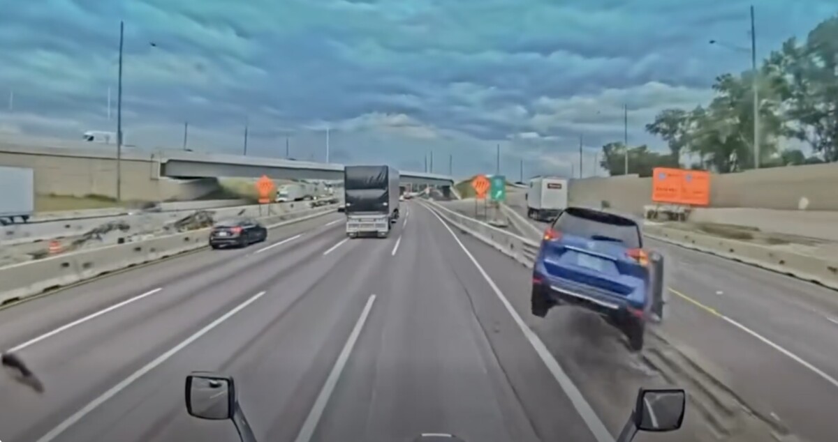 VIDEO: Car driver desperate to make exit gets boomeranged back into dash cammer’s semi truck