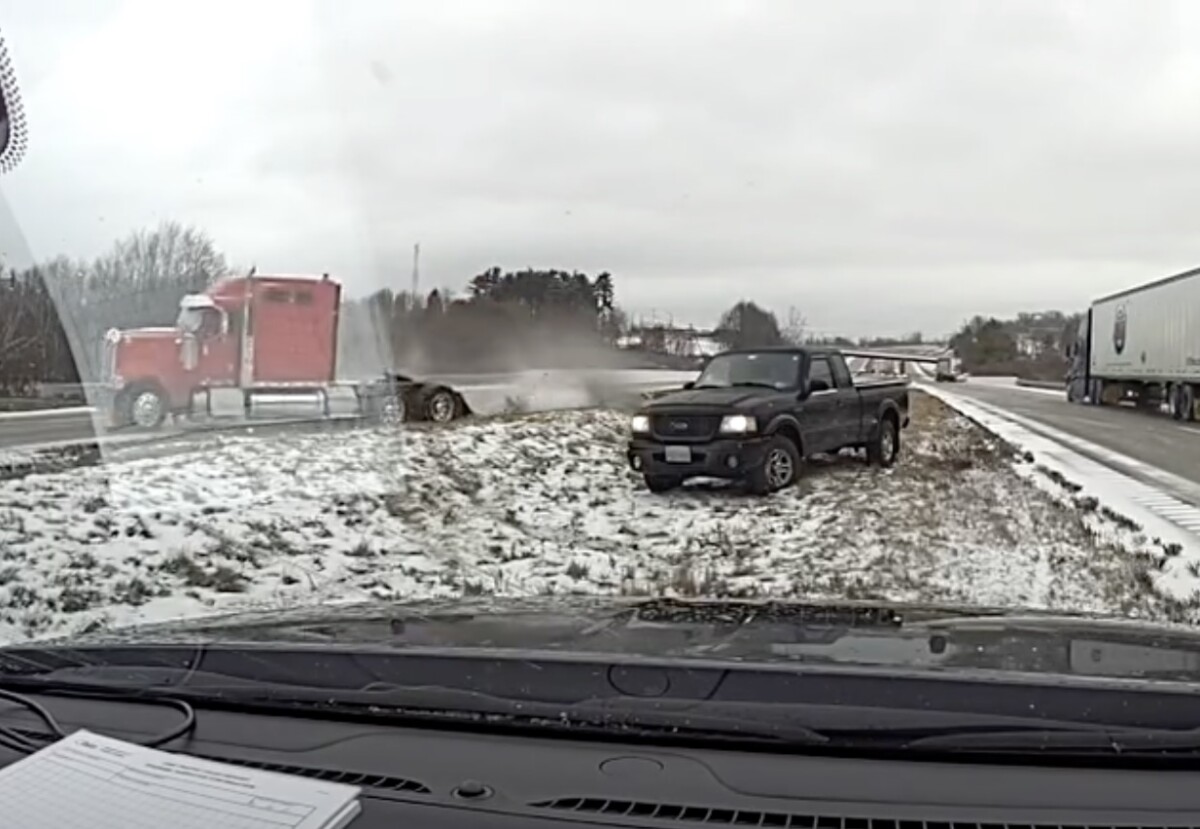 Ohio troopers share video of bobtail truck veering wildly and sliding off icy I-70