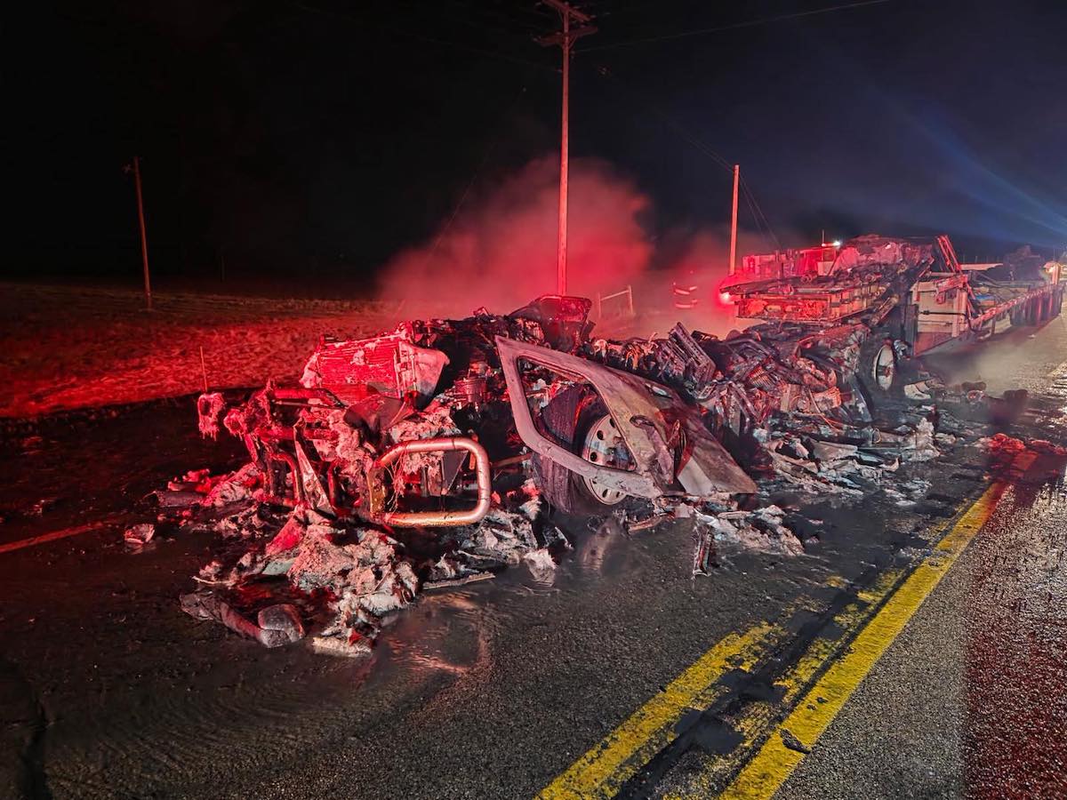 Semi truck bursts into flames after being shot at by trailing vehicle