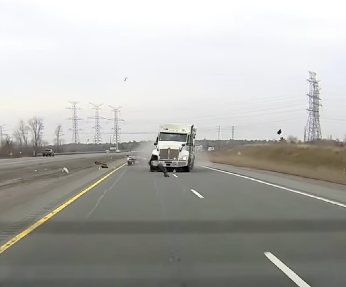Dash cam catches tire blowout that sent northbound cement truck tumbling across median into southbound ditch