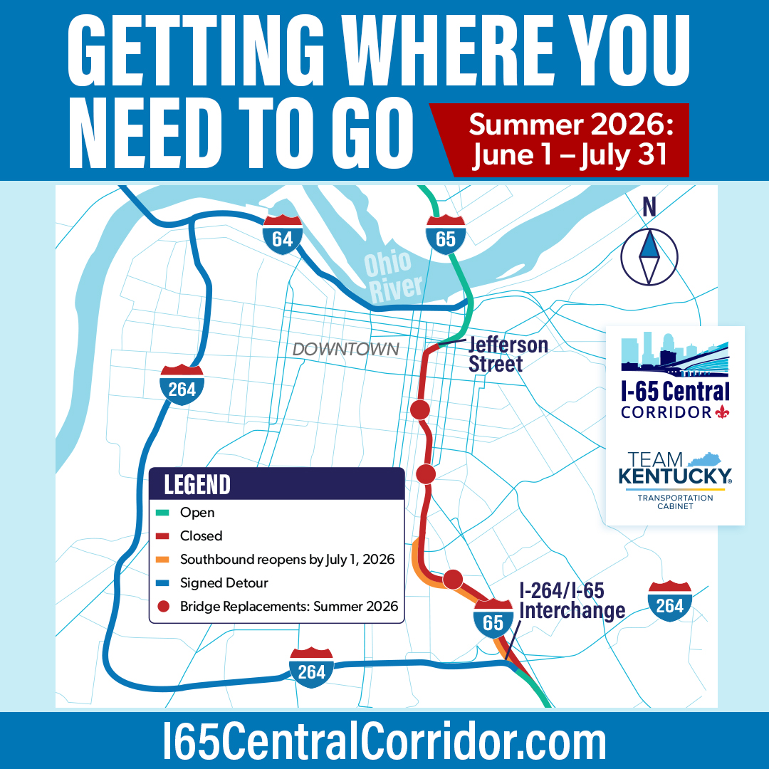 Kentucky Transportation Cabinet graphic of I-65 closure in Louisville