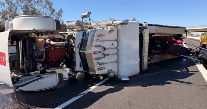 AZDPS image of semi truck overturned after overpass strike
