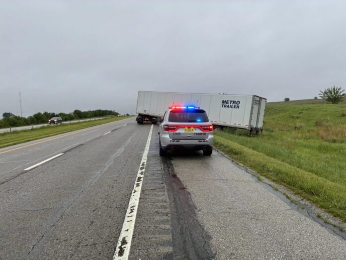 Iowa State Patrol photo of semi truck crashed into I-80 ditch
