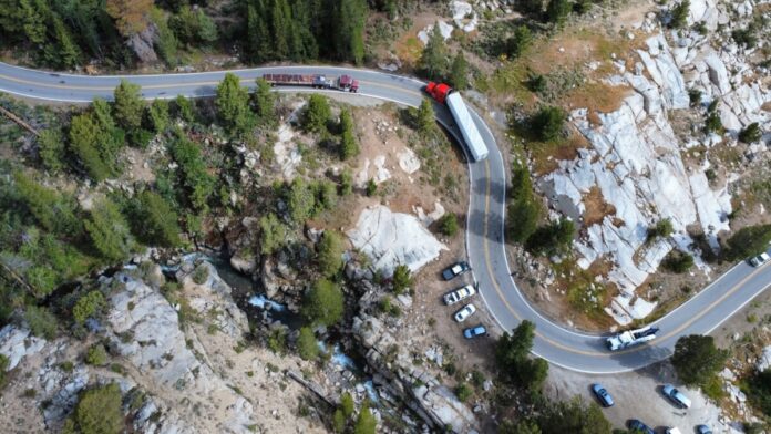 CHP image of stuck semi truck on Sonora Pass