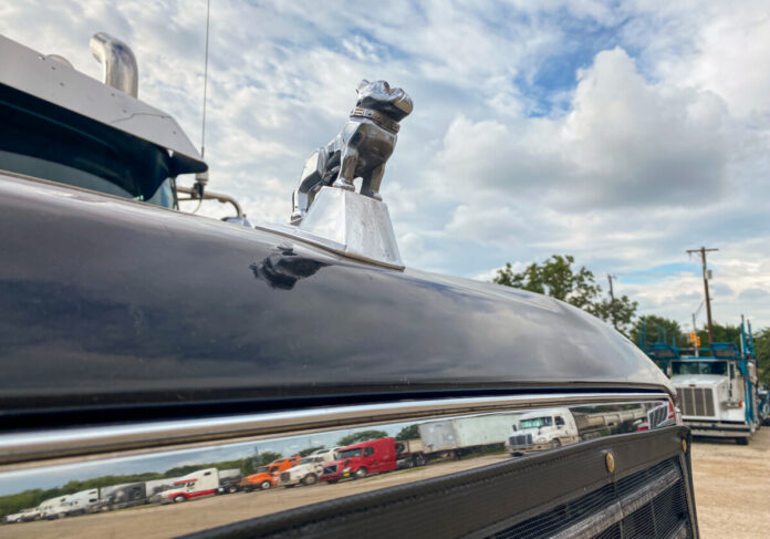 Close up shot of Mack truck hood with Bulldog ornament logo and semi trucks reflecting on the chrome