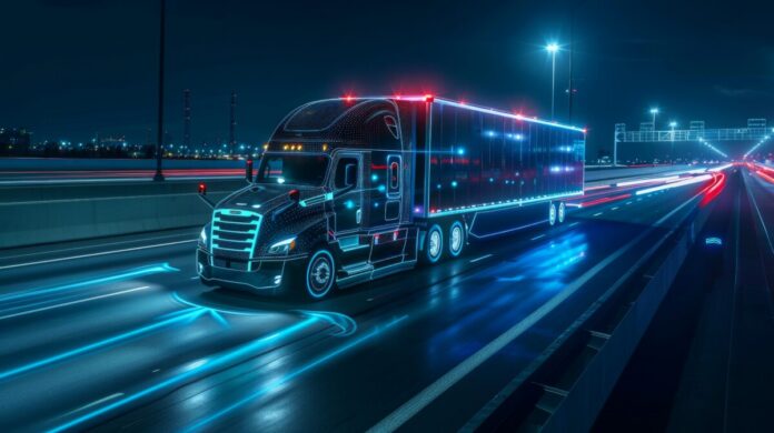 A cutting-edge autonomous semi truck with a cargo trailer, exemplifying futuristic transportation technology