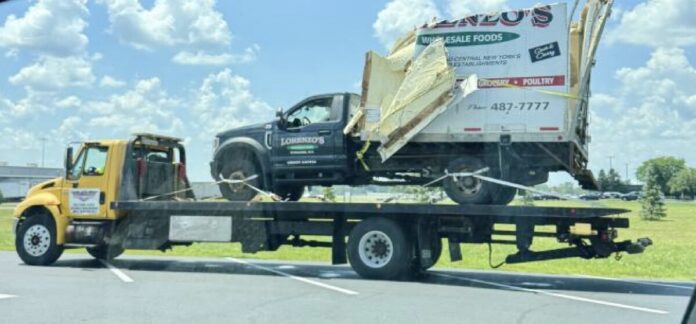 NYSP image of tow truck involved in bridge strike
